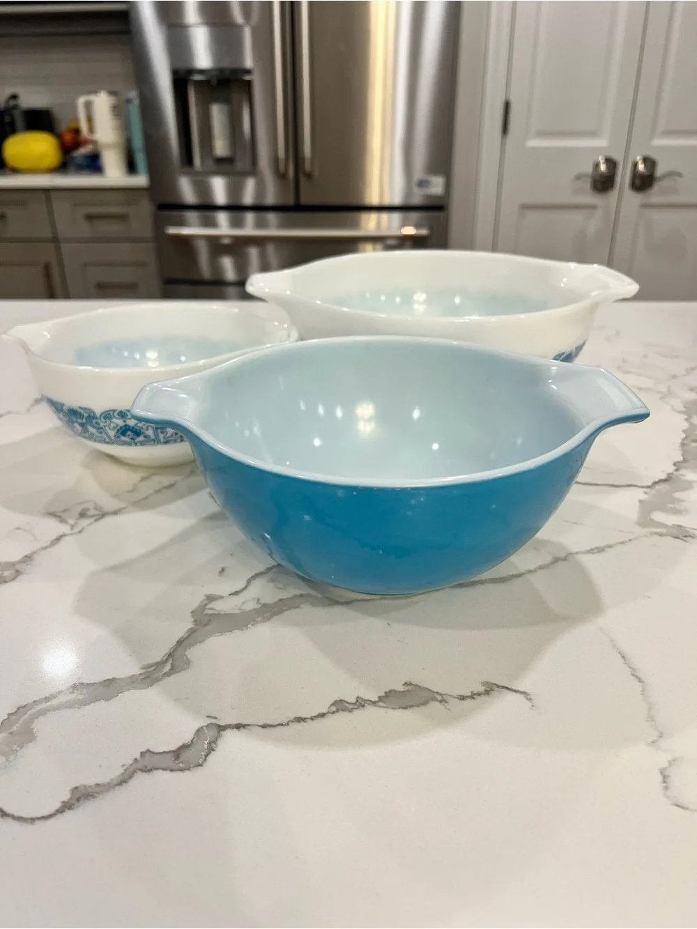 Set of 3 PYREX Horizon Blue Cinderella Mixing Bowls 441 442 443 Apollo 11 set